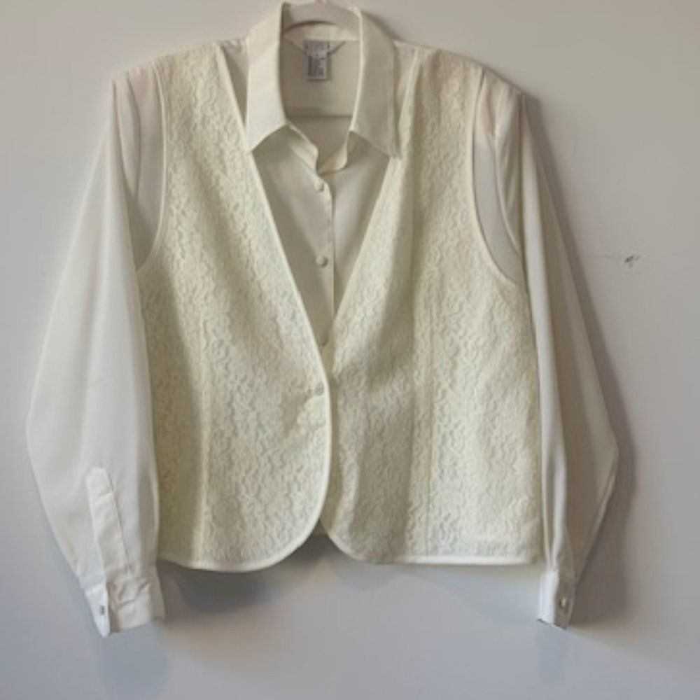 90s - Poly Blouse with Attached Lace Vest + Shoulder Pads